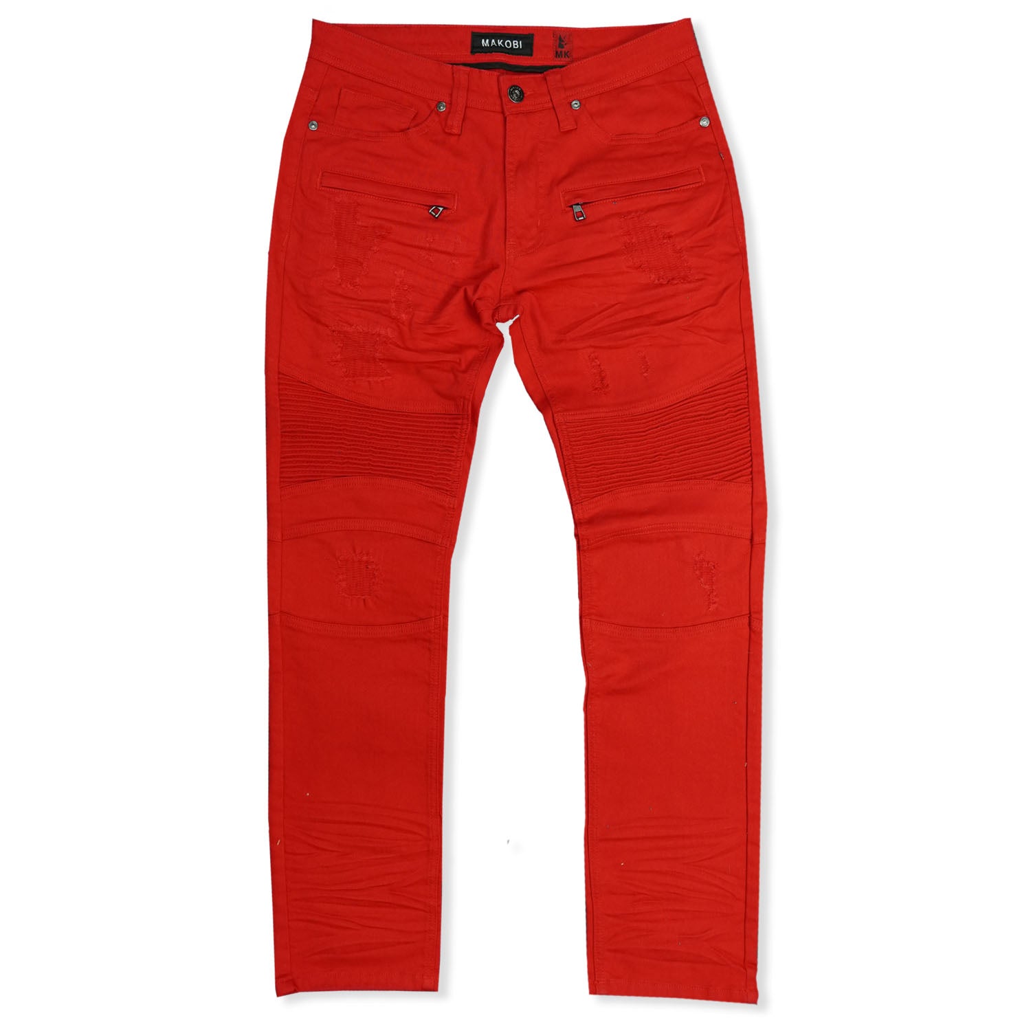 M1786 Makobi Prado Biker Jeans pẹlu Rip & Tunṣe - Red