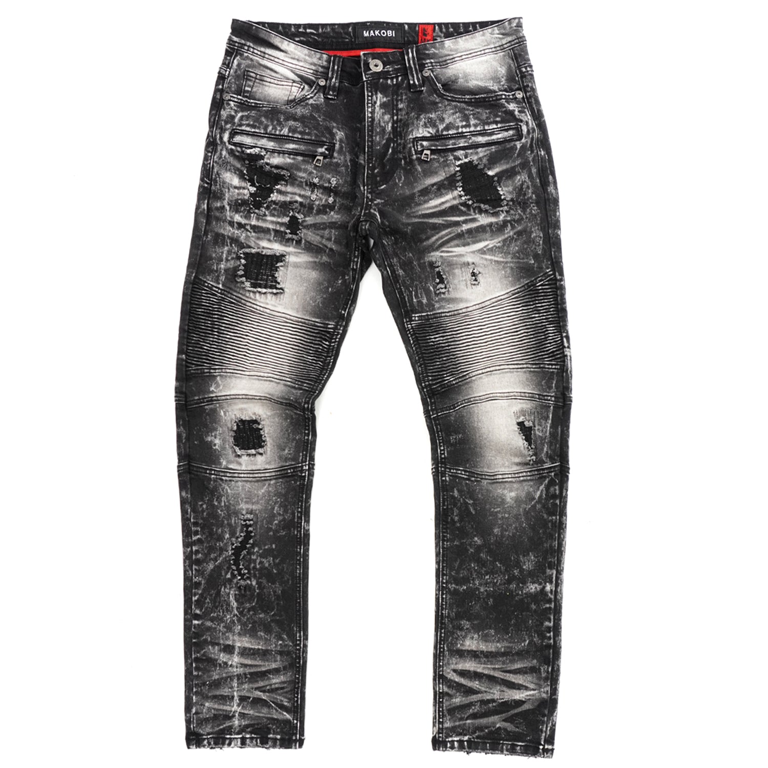 M1786 Makobi Prado Biker Jeans pẹlu Rip & Tunṣe - Black Wẹ