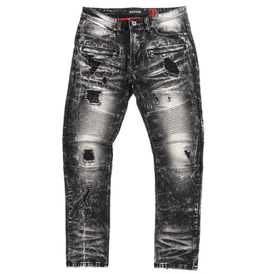 M1786 Makobi Prado Biker Jeans pẹlu Rip &amp; Tunṣe - Black Wẹ