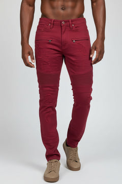 M1786 Makobi Prado Biker Jeans with Rip & Repair - Burgundy
