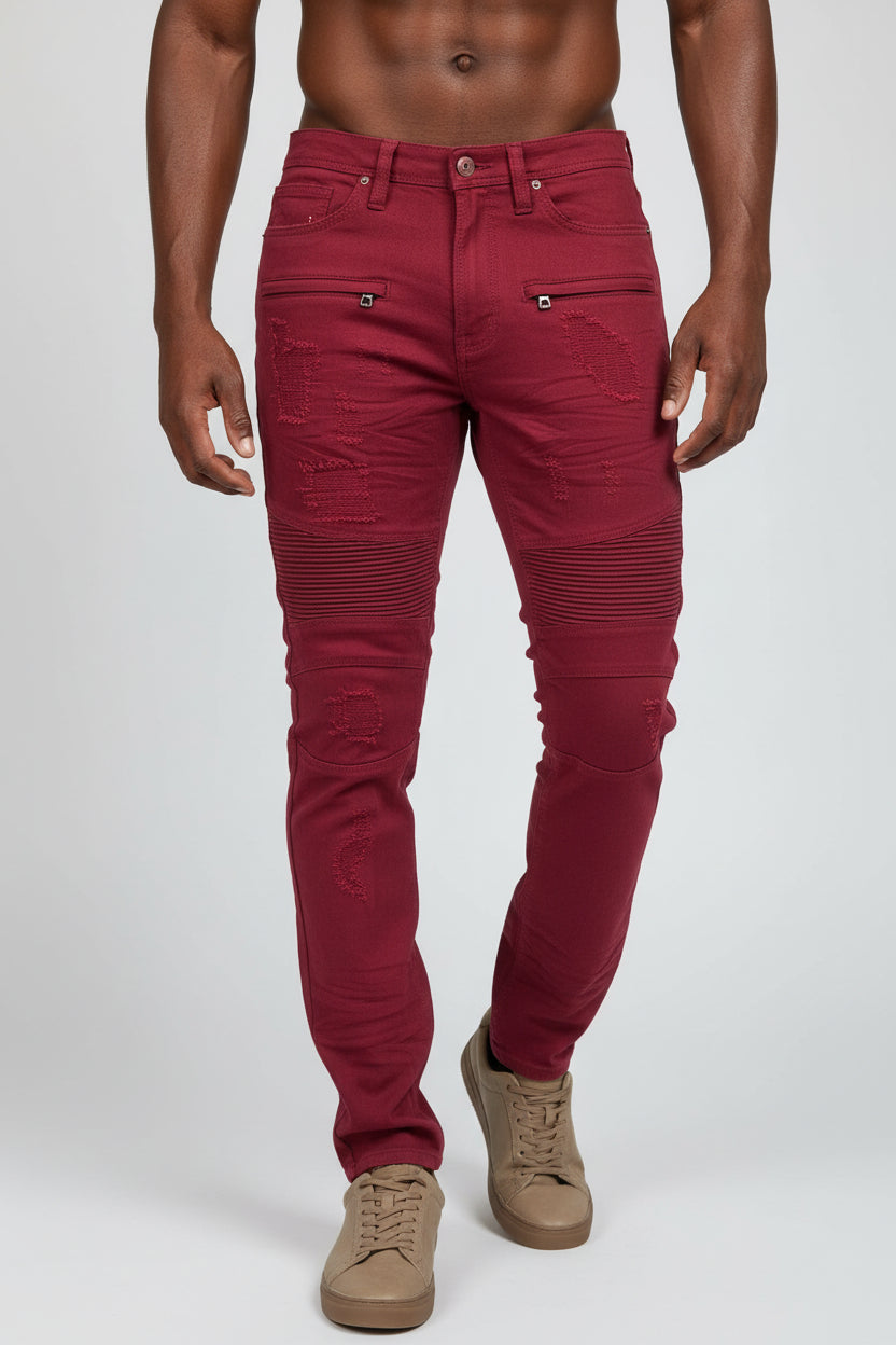 M1786 Makobi Prado Biker Jeans with Rip & Repair - Burgundy
