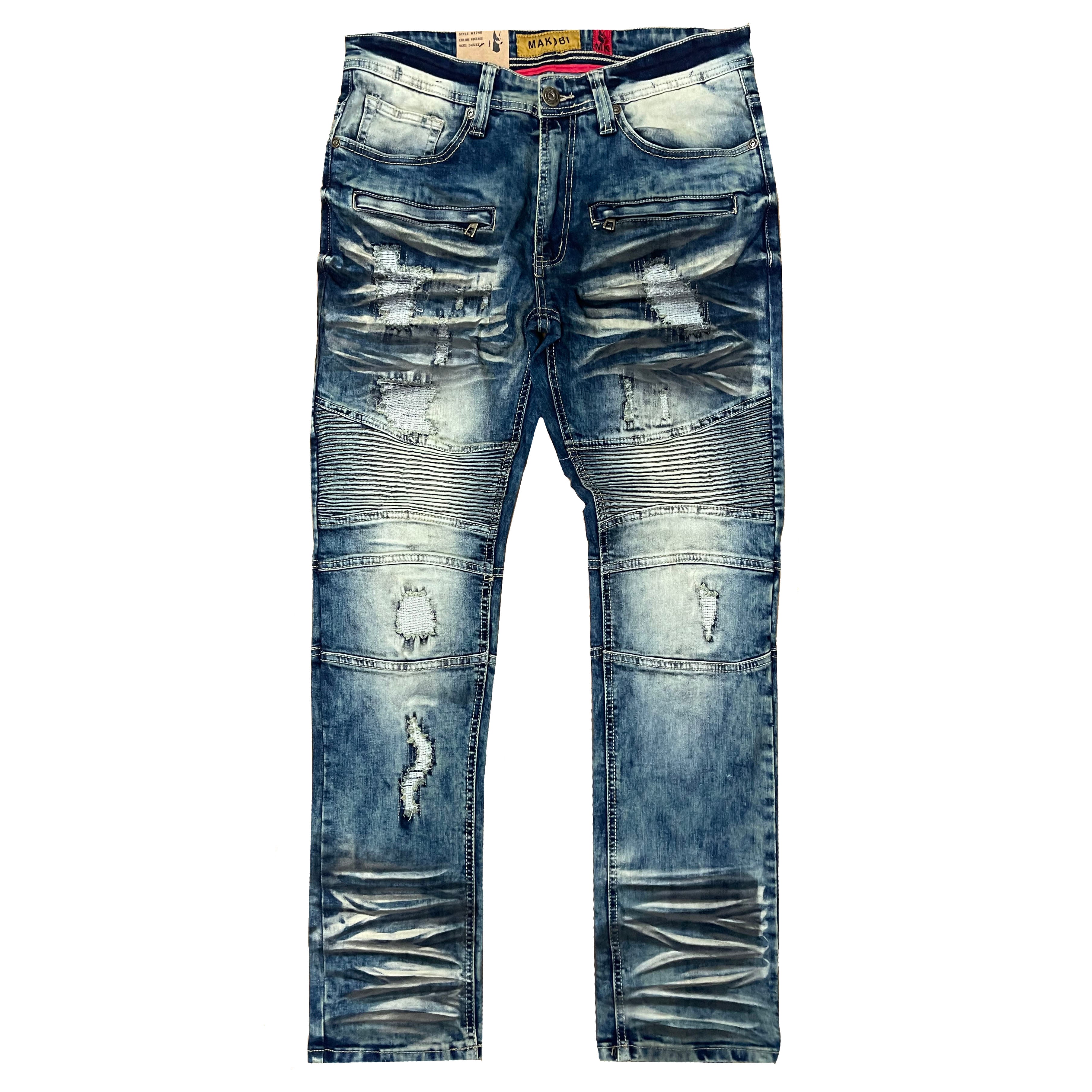 M1786 Makobi Prado Biker Jeans pẹlu Rip & Tunṣe - Vintage Wash (TUNTUN)