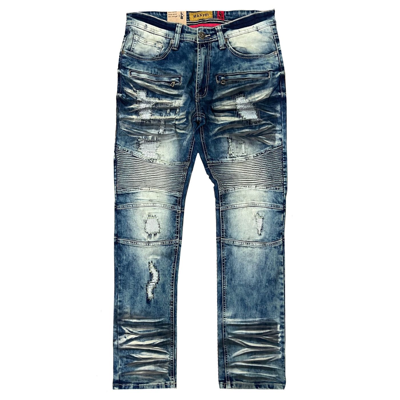 M1786 Makobi Prado Biker Jeans pẹlu Rip &amp; Tunṣe - Vintage Wash (TUNTUN)
