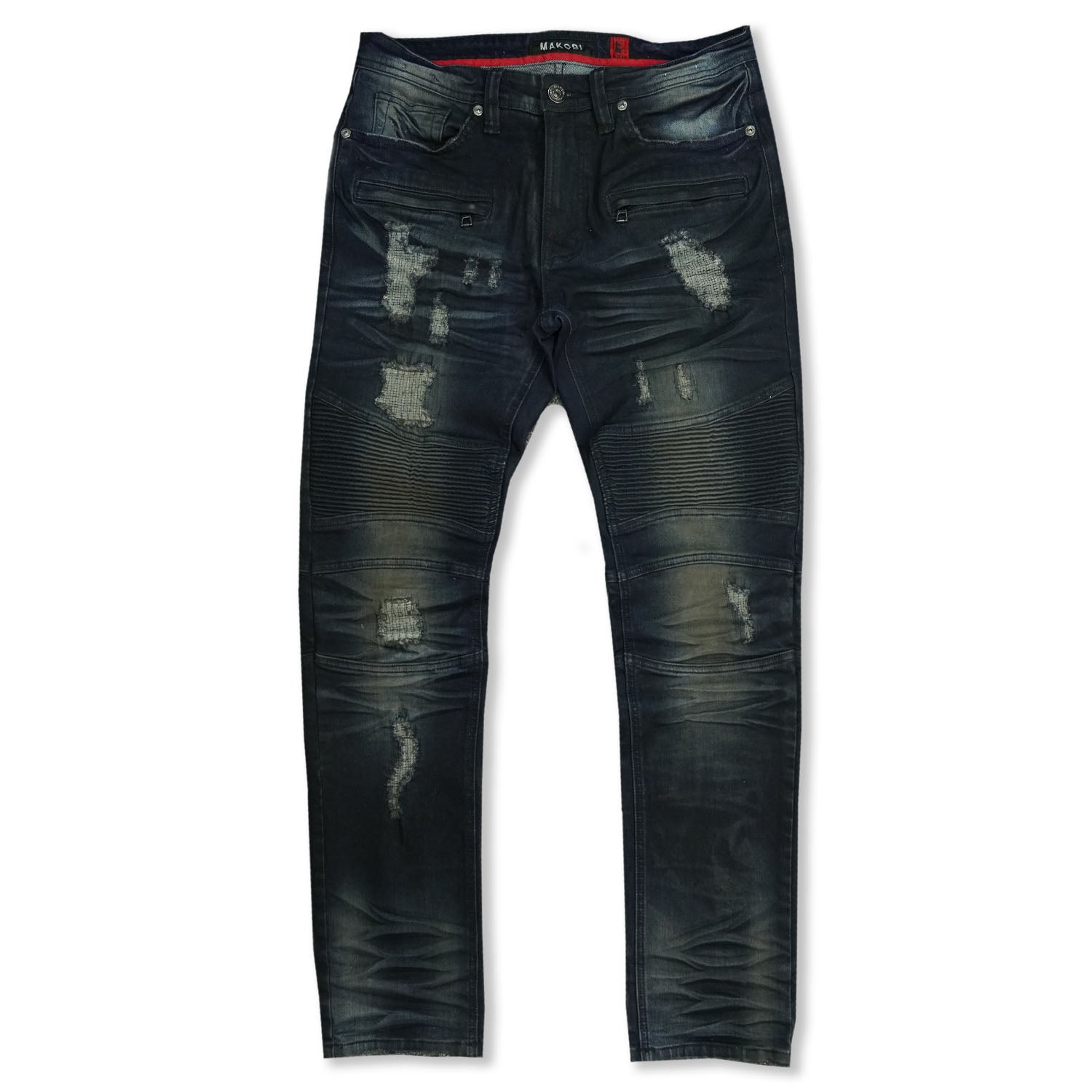 M1786 Makobi Prado Biker Jeans pẹlu Rip & Tunṣe - Ojoun Wẹ