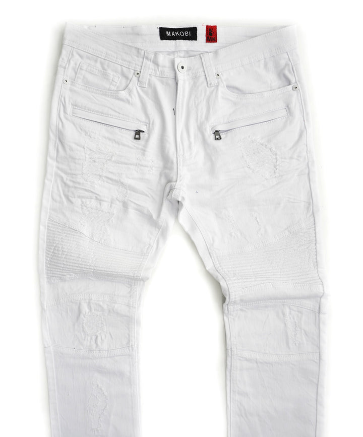 M1786 Makobi Prado Biker Jeans with Rip & Repair - White