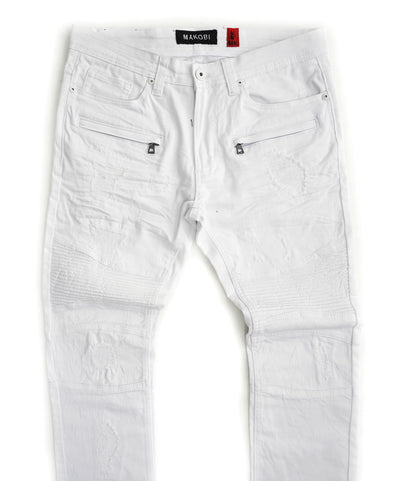M1786 Makobi Prado Biker Jeans with Rip & Repair - White