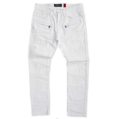 M1786 Makobi Prado Biker Jeans pẹlu Rip &amp; Tunṣe - White
