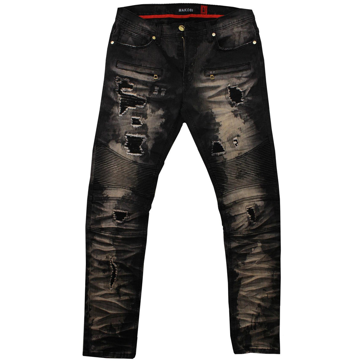Makobi M1798 Makobi Biker Jeans with Blasting & Repair Stitching in Black Wash, view 2