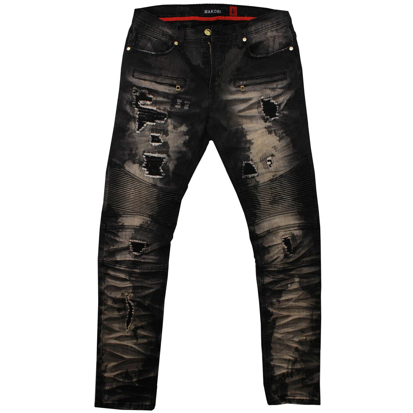 M1798 Makobi Biker Jeans pẹlu aruwo &amp; Tunṣe Aranpo - Black Wẹ