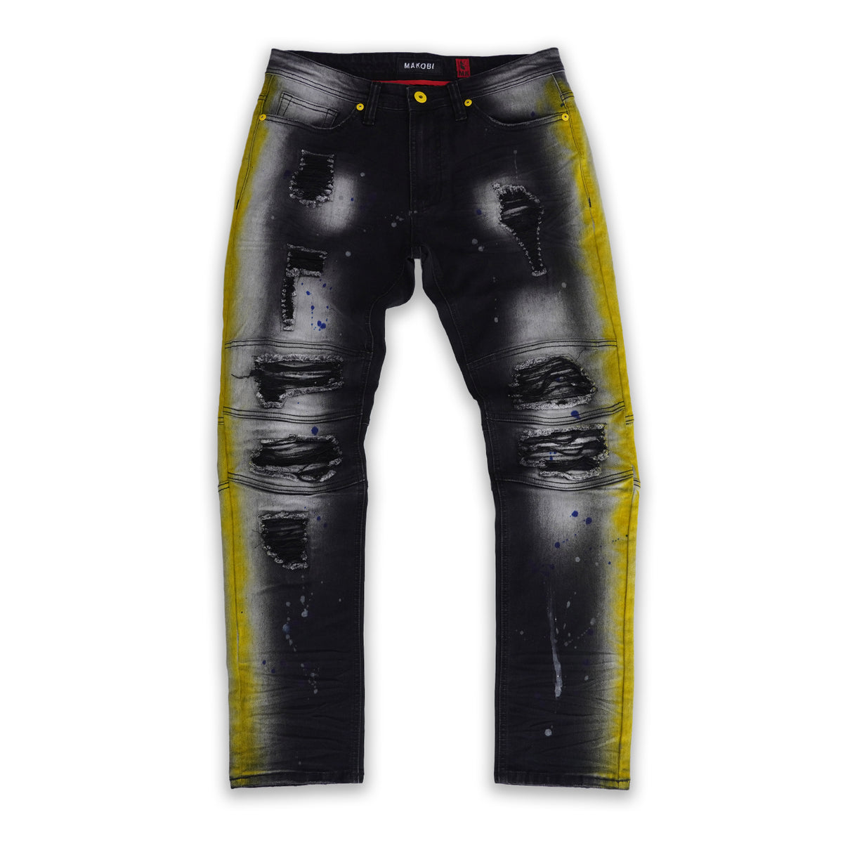Makobi M1938 Paint Stroke Shredded Denim Jeans in Black Wash, view 2