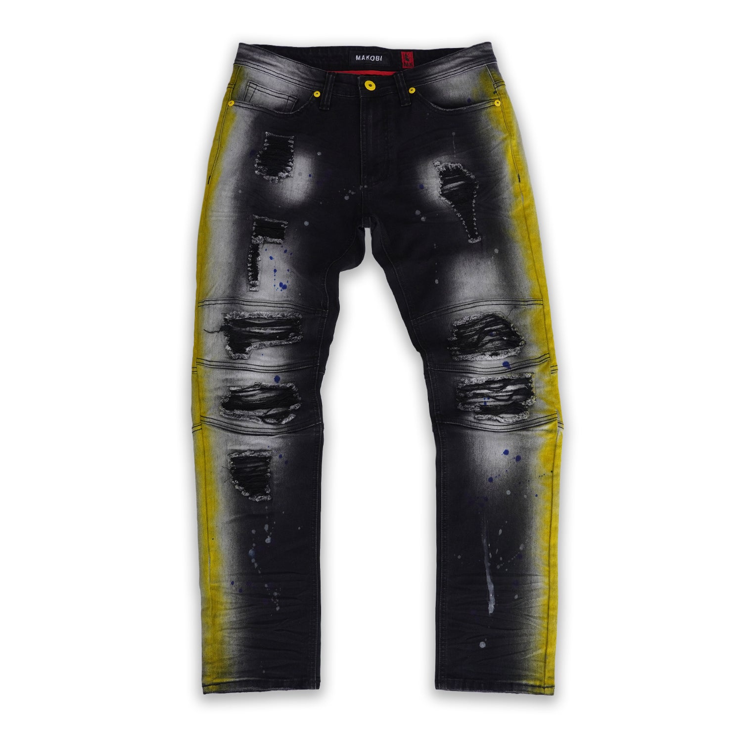 Makobi M1938 Paint Stroke Shredded Denim Jeans in Black Wash, view 2