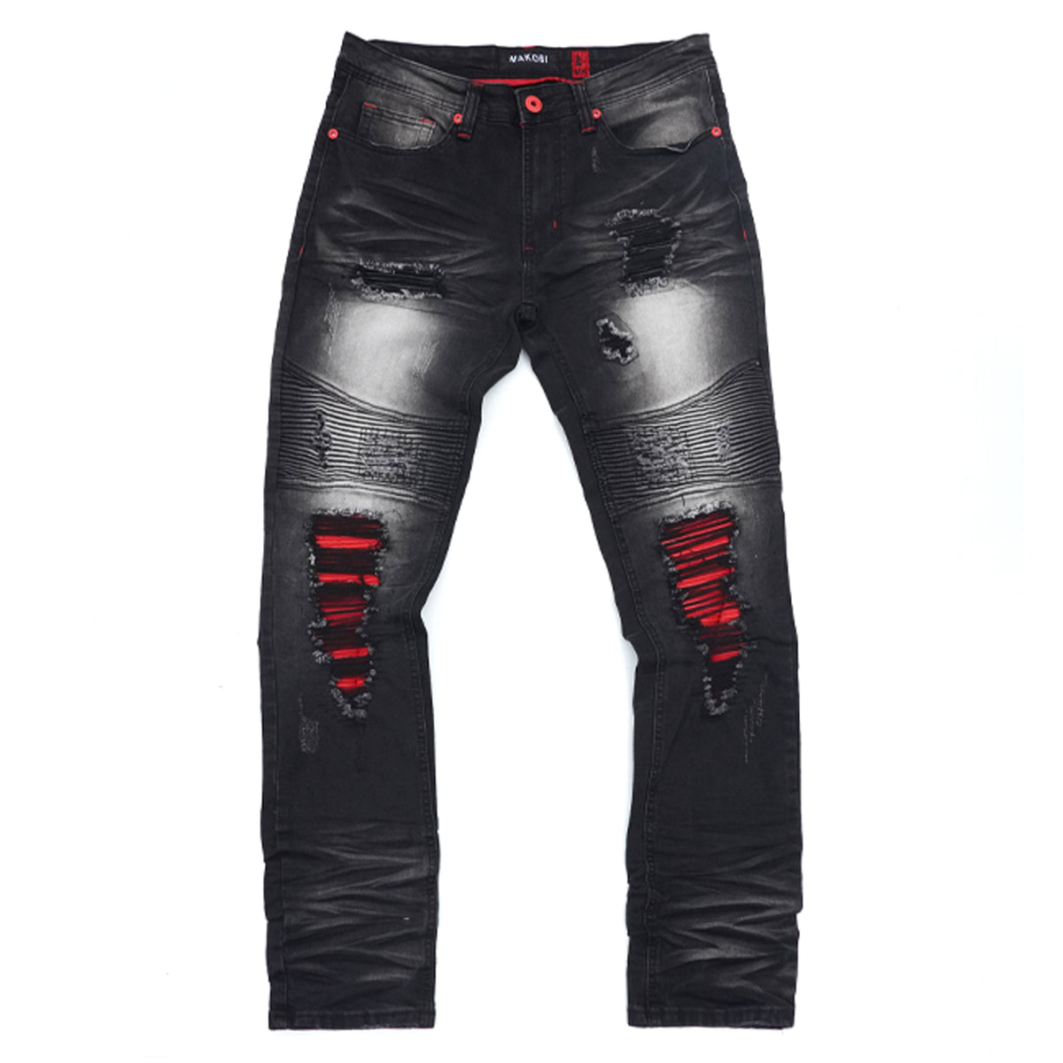 Makobi M1940 Naxos Biker Jeans- Black Wash/Red