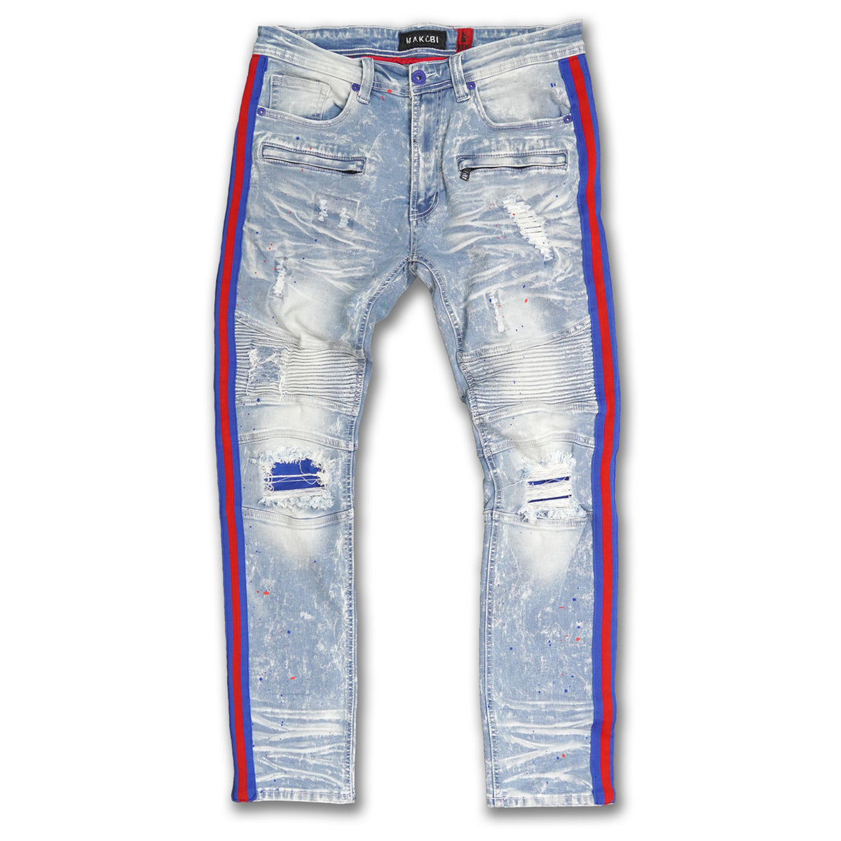 Makobi M1983 Destine Biker Jeans- Light Wash (red & blue side tape)