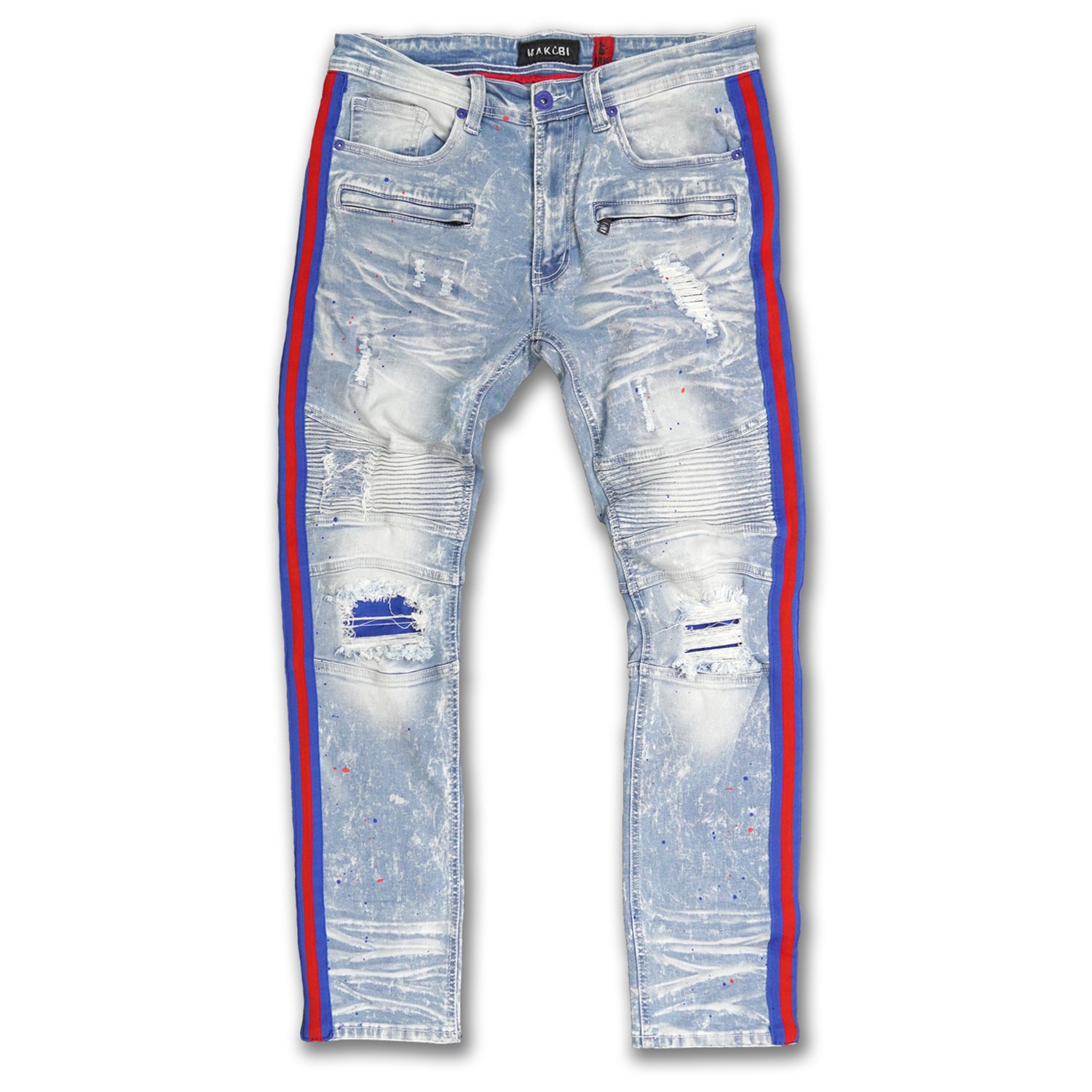 Makobi M1983 Destine Biker Jeans- Light Wash (red & blue side tape)