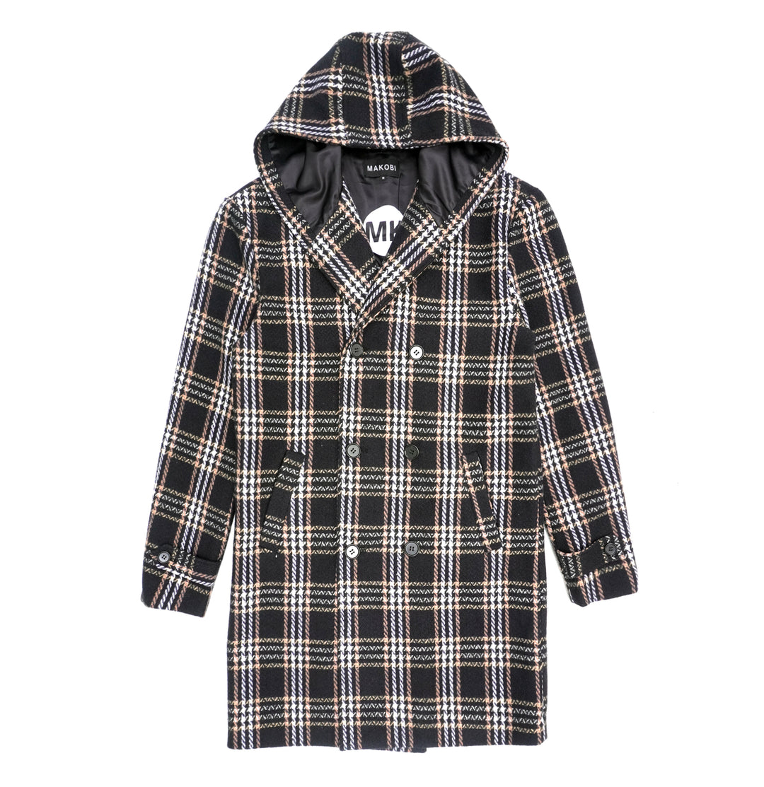 M4044 Gilbert Plaid Wool Hooded Coat - Black