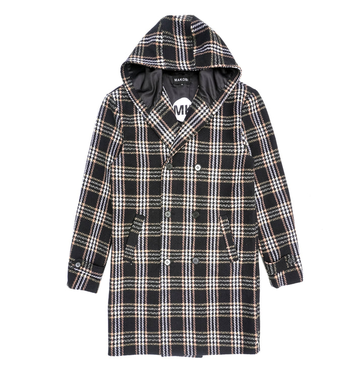 M4044 Gilbert Plaid Wool Hooded Coat - Black