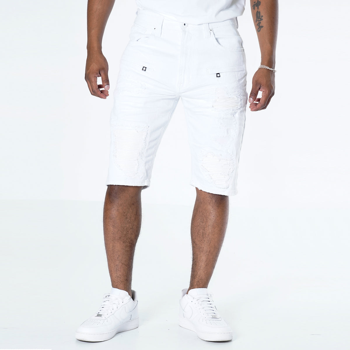 Makobi M970 Galveston Biker Shredded Shorts in White, view 2