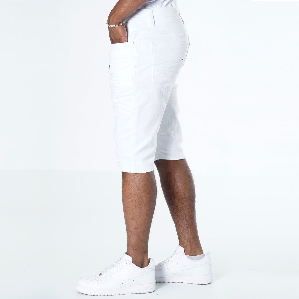 Makobi M970 Galveston Biker Shredded Shorts in White, view 5