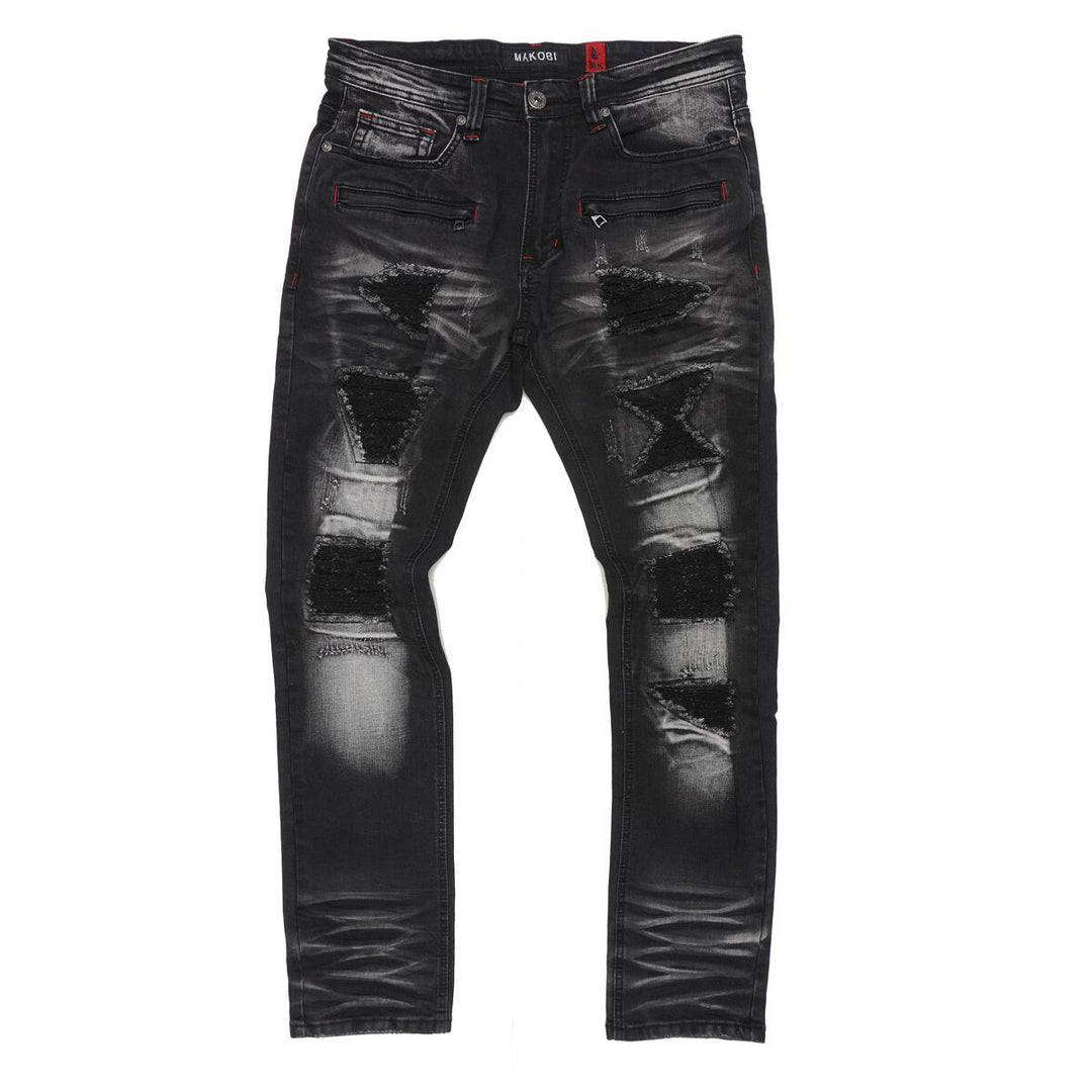 Makobi Black distressed jeans offers with rips designer quality